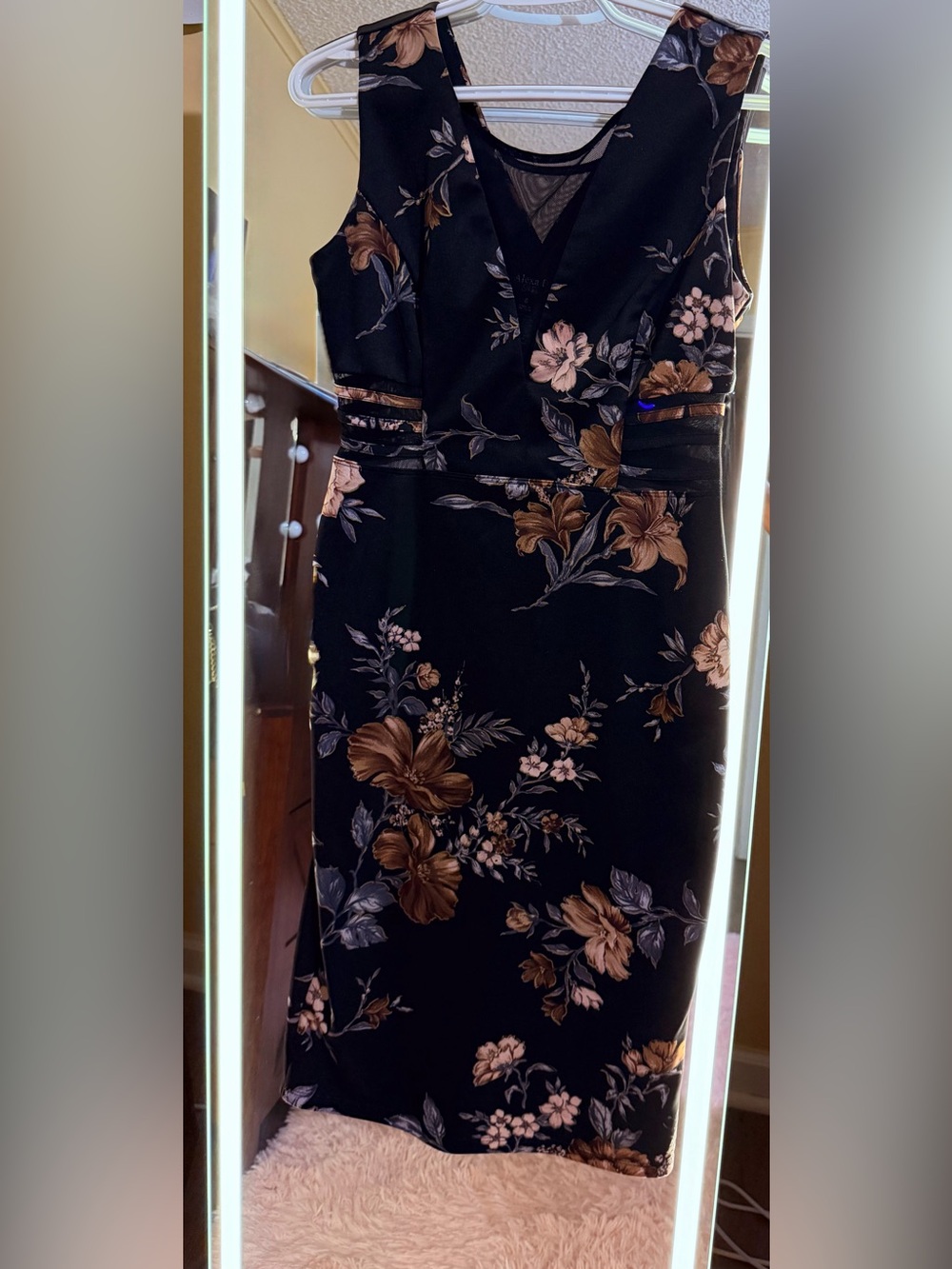 Elegant Black Floral Pencil Dress with Brown and Pink Accents